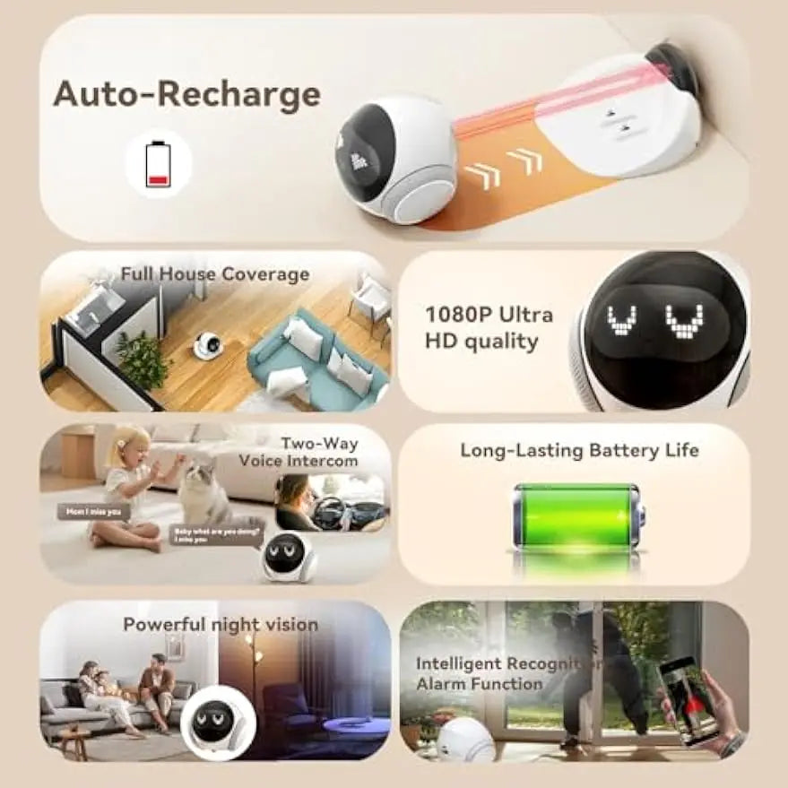 Pet Robot Camera | Indoor Movable with Auto-Recharge,2-Way Audio,Night Vision,Smart App Control,Cats/Dogs/Baby/Elderly